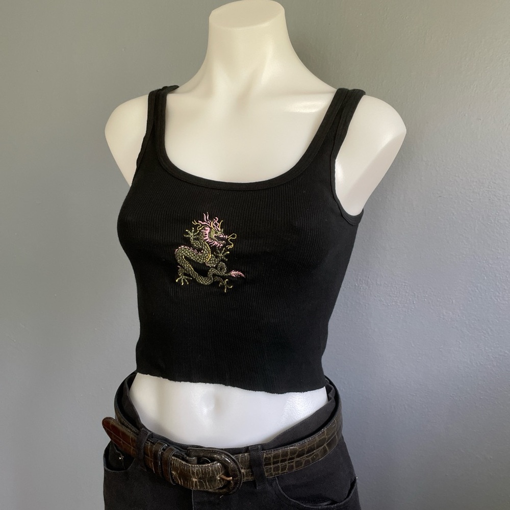 Dragon Embroidered Ribbed Crop Tank Top
